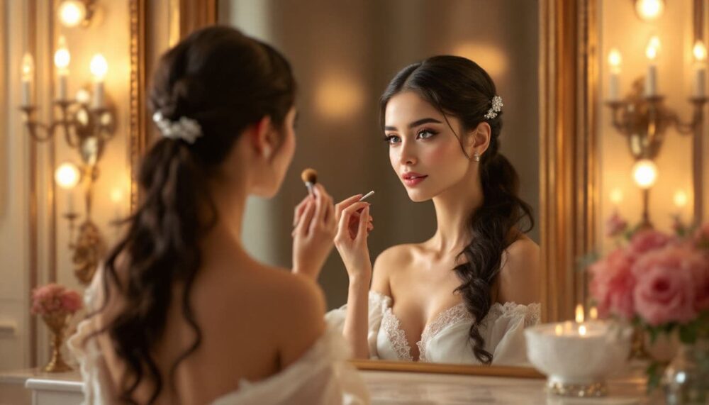 A ballerina showcasing beauty secrets before a performance