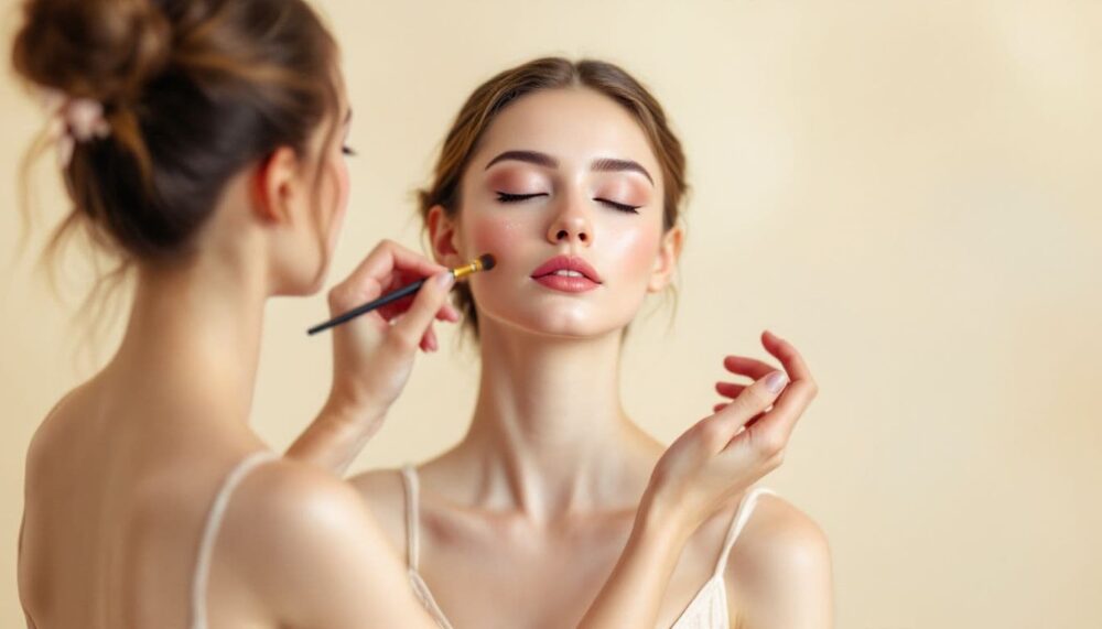 A makeup artist applying stage makeup for a performance