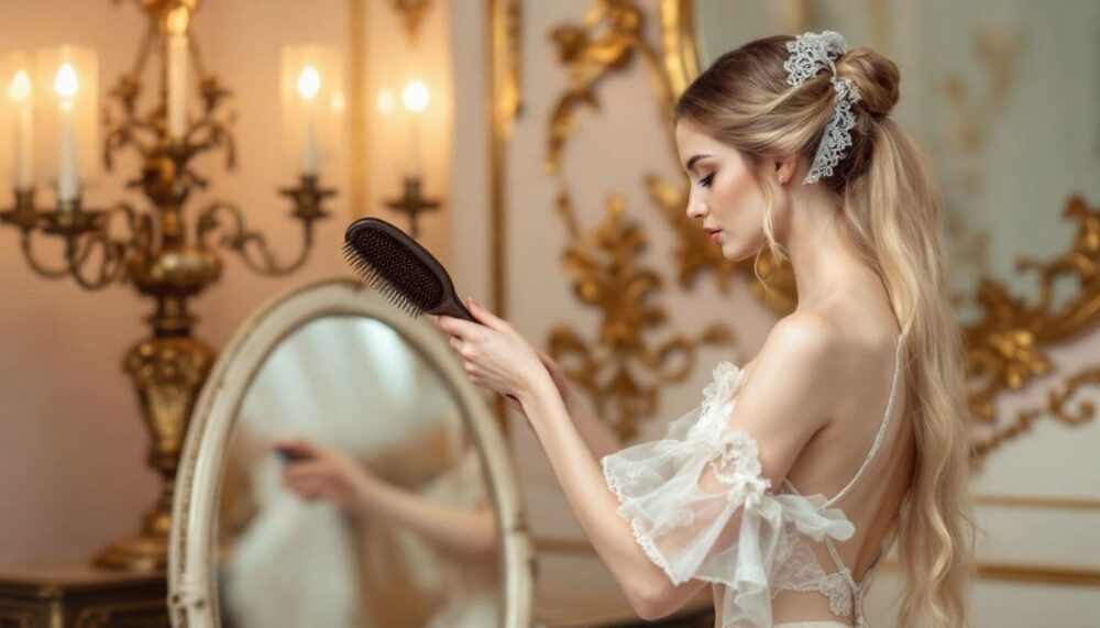 A ballerina applying hair care products before a performance